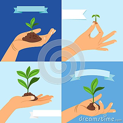 Sprout or seedling. Vernal plant in human hand Vector Illustration