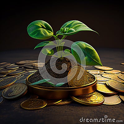 A sprout sprouts from the coins, generated AI Stock Photo