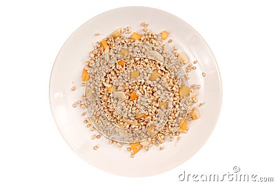 Sprouted kernel of buckwheat and pieces of fruits Stock Photo