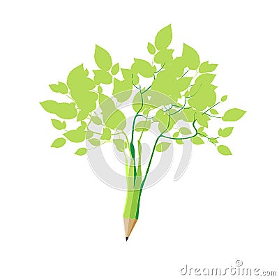 Sprouted pencil and became a simple green bush. Wooden sharp abstract, isolated on white background, vector illustration Vector Illustration