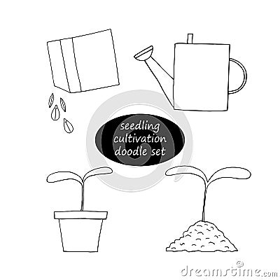 Sprouts, watering can, seeds sowing from a bag vector set icon, sticker. sketch hand drawn doodle style. monochrome minimalism. Vector Illustration