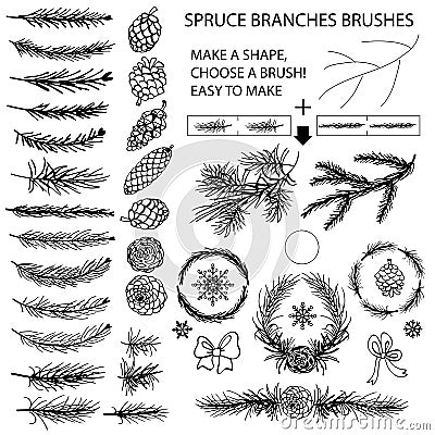 Spruce branches brushes,Pine cones,bow silhouette Vector Illustration