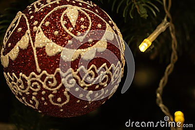 Spruce branches, fir cones and Christmas decorations. Christmas still life. Christmas decorations on music sheets Stock Photo