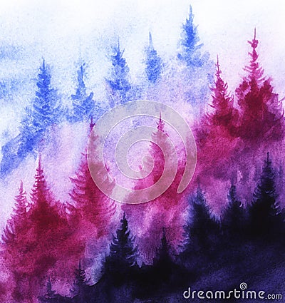 Spruce forest in the fog. lilac, blue, blue silhouettes of spruce. Background illustration. Hand drawn watercolor illustration Cartoon Illustration