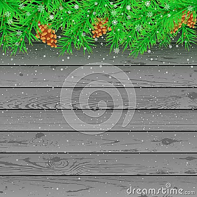 Spruce snow gray wooden background Vector Illustration