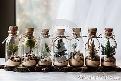 Spruce, pine and juniper seedlings in glass jars. Eco friendly Christmas gifts. Sustainable concept Stock Photo