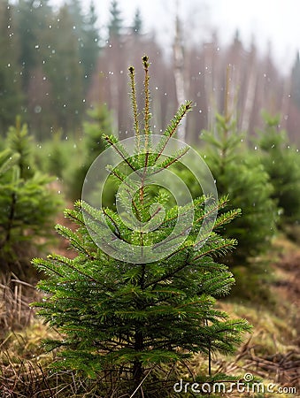 Spruce trees nursery or plantation, growing a young forest Stock Photo