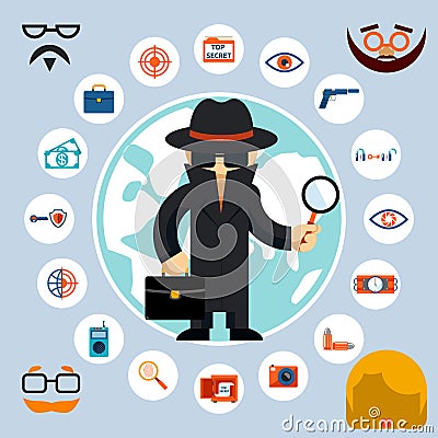 Spy with accessories icons Vector Illustration