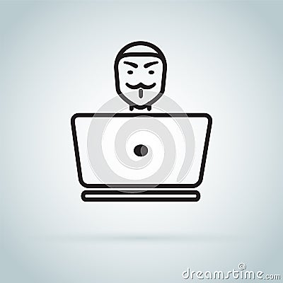 Spy agent searching on laptop. Hacker. Vector Illustration