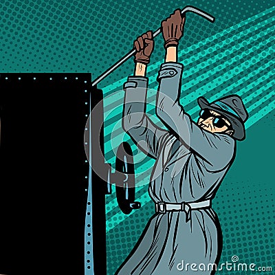 Spy breaks into safe Vector Illustration