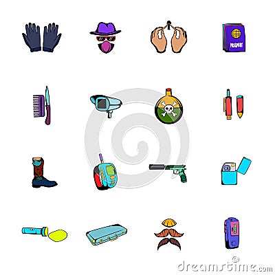 Spy comics icons set cartoon Vector Illustration