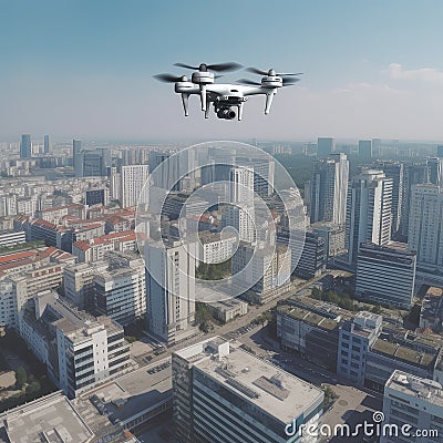 Spy digital vehicle quadrocopter flying under city. Military technology, buildings, civilian town, blue summer sky Stock Photo