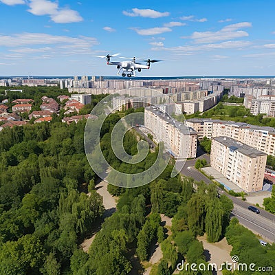 Spy drone weapon flying under city. Military technology, buildings, civilian town, blue summer sky Stock Photo