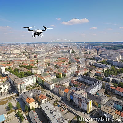 Spy drone weapon flying under city. Military technology, buildings, civilian town, blue summer sky Stock Photo