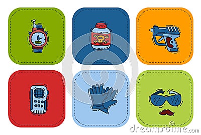 Spy icons vector cartoon detective set mafia agent binoculars or spyglass for spying or secret investigation Vector Illustration