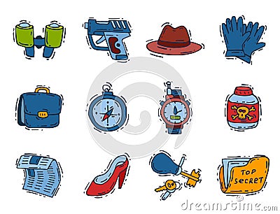 Spy icons vector cartoon detective set mafia agent binoculars or spyglass for spying or secret investigation Vector Illustration