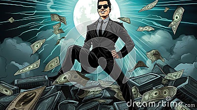 Spy smiling walking on top of a cash pile Stock Photo