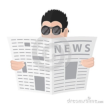 Spy in a sunglasses watches because of the newspaper . Cartoon spy. Vector Illustration