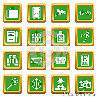 Spy tools icons set green Vector Illustration