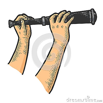 Spyglass monocular in hands sketch vector Vector Illustration