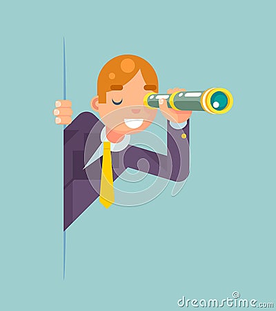 Spyglass Telescope Spy Look Out Corner Idea Search Discovery Concept Supervision Cartoon Businessman Character Solution Vector Illustration