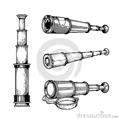 Spyglasses sketch set. Hand drawn nautical collection of optical telescopes. Vector Illustration