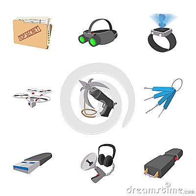 Spying icons set, cartoon style Vector Illustration