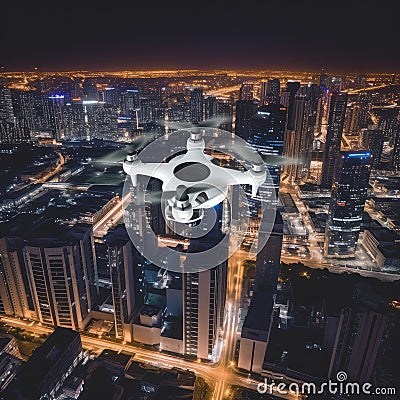 Spying after night civilian city. drone weapon flying under town. Military technology, buildings, night lights Stock Photo