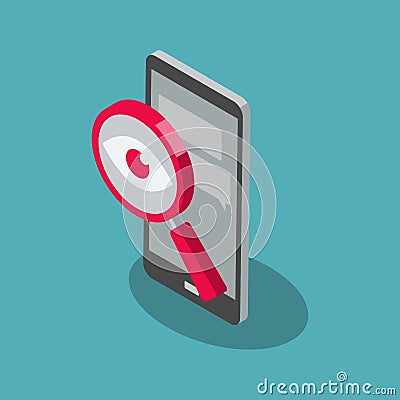 Spyware internet cyber attack symbol with spy magnifier and cell phone Vector Illustration
