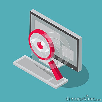 Spyware internet cyber attack symbol with spy magnifier and desktop computer Vector Illustration