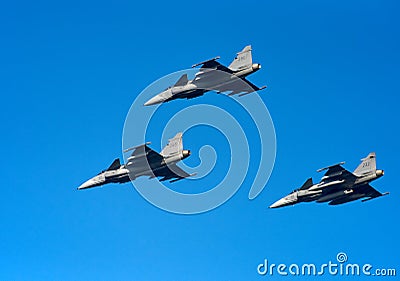 Squadron of Swedish Air Force Saab JAS 39 Gripen multirole fighter jets Editorial Stock Photo
