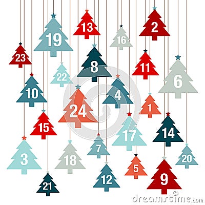 Advent Calendar Hanging Christmas Trees Red And Blue Vector Illustration