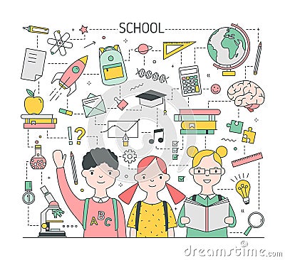 Square Back To School banner template with adorable joyful children, pupils or classmates surrounded by stationery and Vector Illustration
