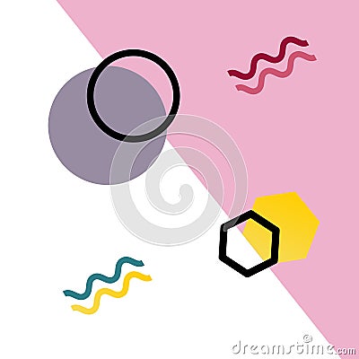 Square background with geometric shapes in Memphis style. Multi-colored and contoured simple shapes - circle, polygon, wave, wavy Vector Illustration