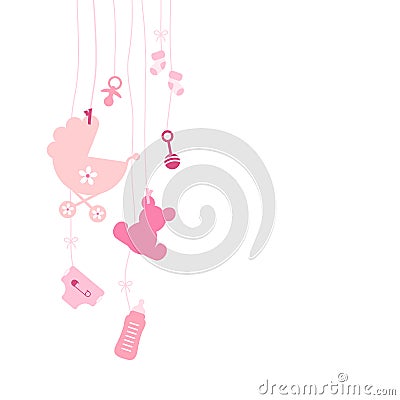 Seven Left Hanging Baby Icons Girl Pink Vector Illustration