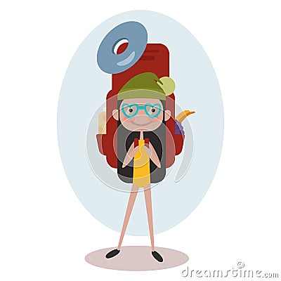 Square banner with girl tourist. Young smile woman is a traveler with a pattern of things for tourism and travel. Poster with Icon Cartoon Illustration