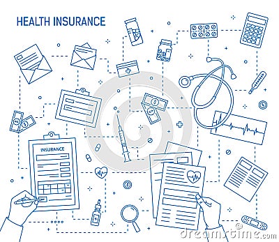 Square banner with hands filling out document of health insurance surrounded by medicines, medical tools, money bills Vector Illustration