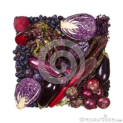 Square of blue and purple fruits and vegetables Stock Photo