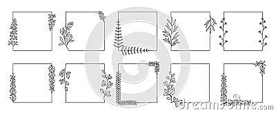 Square botanical frames. Line doodle herbal borders and floral framing decorative elements for invitation and greeting Vector Illustration