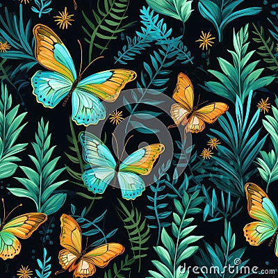 Square Botanical seamless Pattern. Fern leaves and night Butterflies Ai, Ai Generated Stock Photo