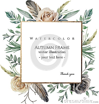 Square botanical vector design golden frame with roses, watercolor vector illustration. Vector Illustration