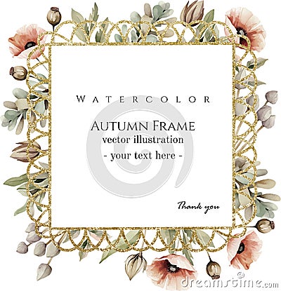 Square botanical vector lacy golden frame with red poppies, watercolor vector illustration. Vector Illustration