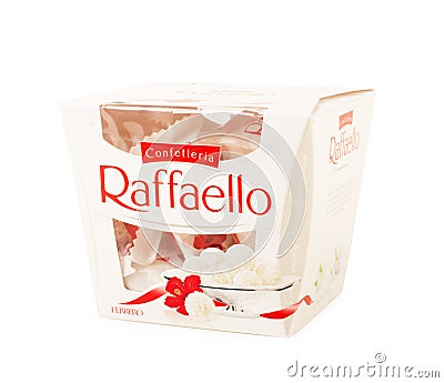 Square box of sweets Rafaello - Crispy coconut with whole almond Editorial Stock Photo