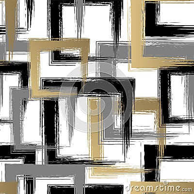 Square brush strokes seamless pattern. Repeating gold random grunge shape. Squares backdrop. Background golden printed. Geometric Vector Illustration