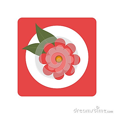 Square button with bloom and leaves Vector Illustration