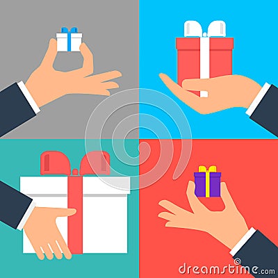 Square button. Vector icon Flat icons. Hand holding small gift box set Stock Photo