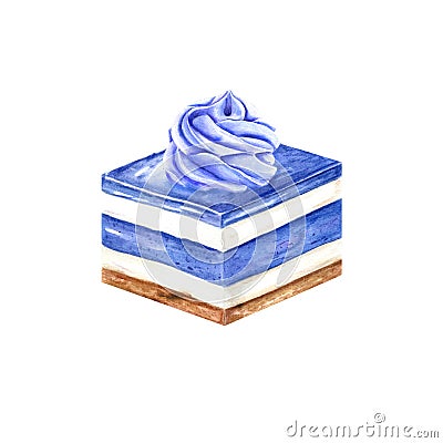 Square cake with berry yoghurt cream. White and blue mousse. Slice of cheesecake, tart. Whipped Cream. Watercolor illustration Cartoon Illustration