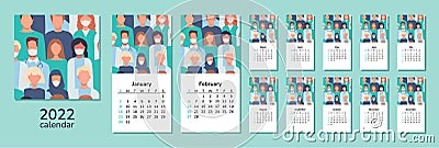 Square calendar 2022. Happy New Year. Doctors. Cover and 12 months pages. Nurses, healthcare workers, medical staff Vector Illustration