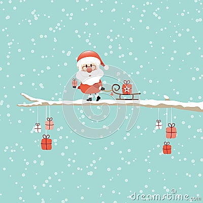 Square Card Santa Pulling Sleigh With Gift On Bough Turquoise Vector Illustration