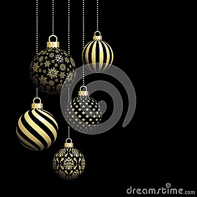 Five Hanging Christmas Balls Black And Gold Vector Illustration
